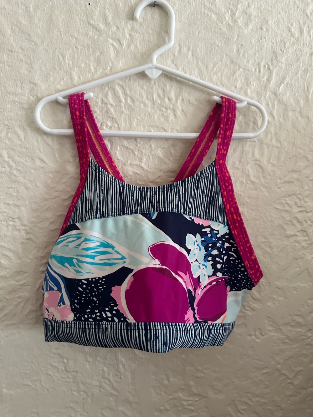 Athleta Girl Paradise Splash Bikini Top Pink Blue XL 14 Children’s Swim